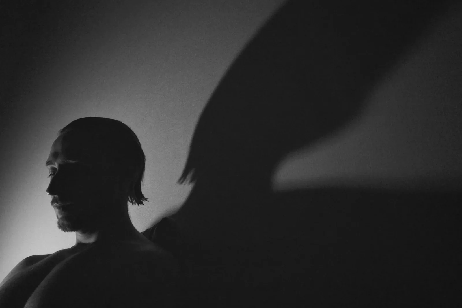 A dark portrait with a strong shadow